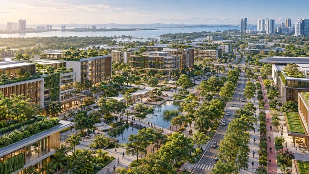 CASBEE Iskandar consultant Malaysia: sustainable mixed-use development in Johor Bahru with green roofs and cycling lanes
