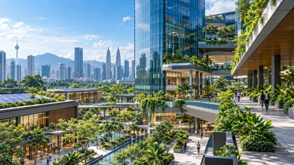 GreenRE consultant Malaysia: green building with landscaped terraces and rooftop solar panels