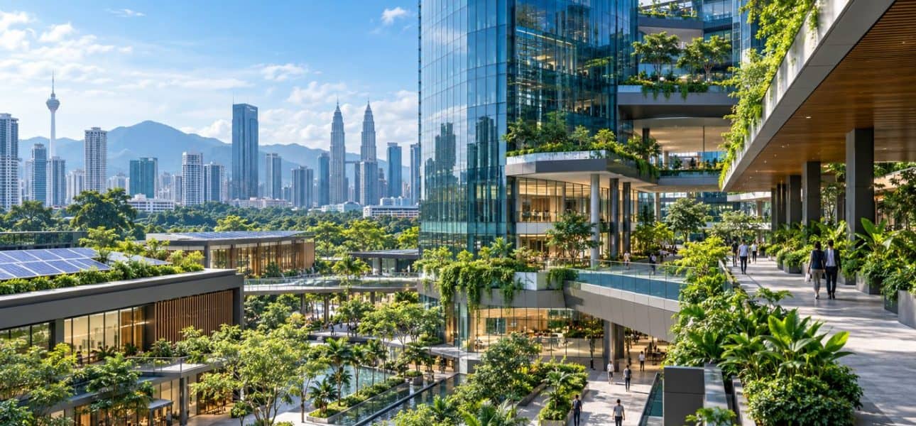 GreenRE consultant Malaysia: green building with landscaped terraces and rooftop solar panels